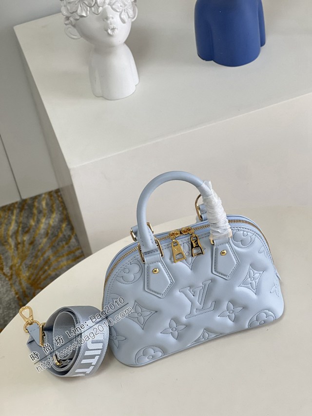 LV專櫃2023新款絎縫牛皮革刺繡Monogram圖案手提女包 M59822藍 路易威登Alma BB手袋貝殼包 dn1201